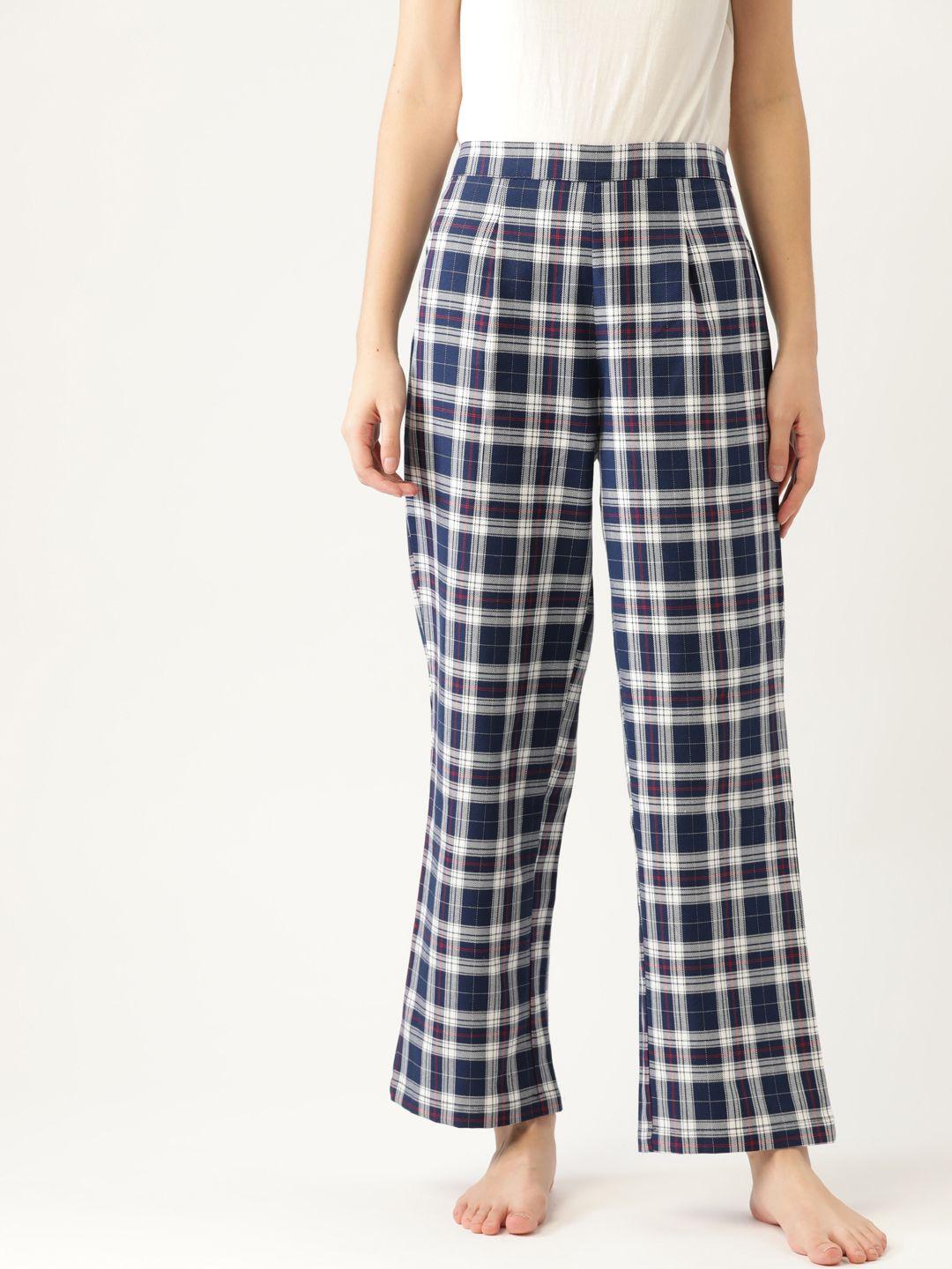 etc women pure cotton navy blue & off-white checked lounge pants