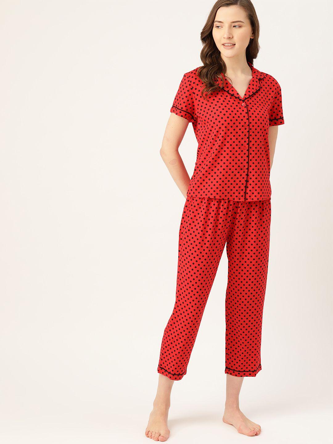 etc women red & black polka dot printed night suit