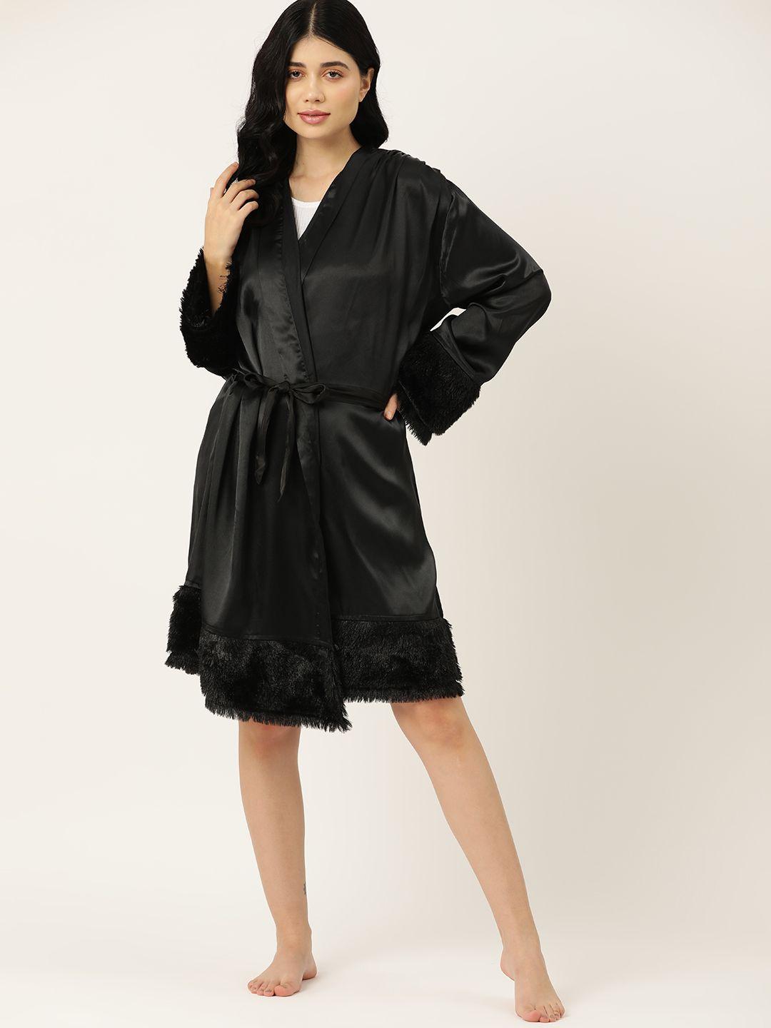 etc women satin finish faux fur trim robe with belt