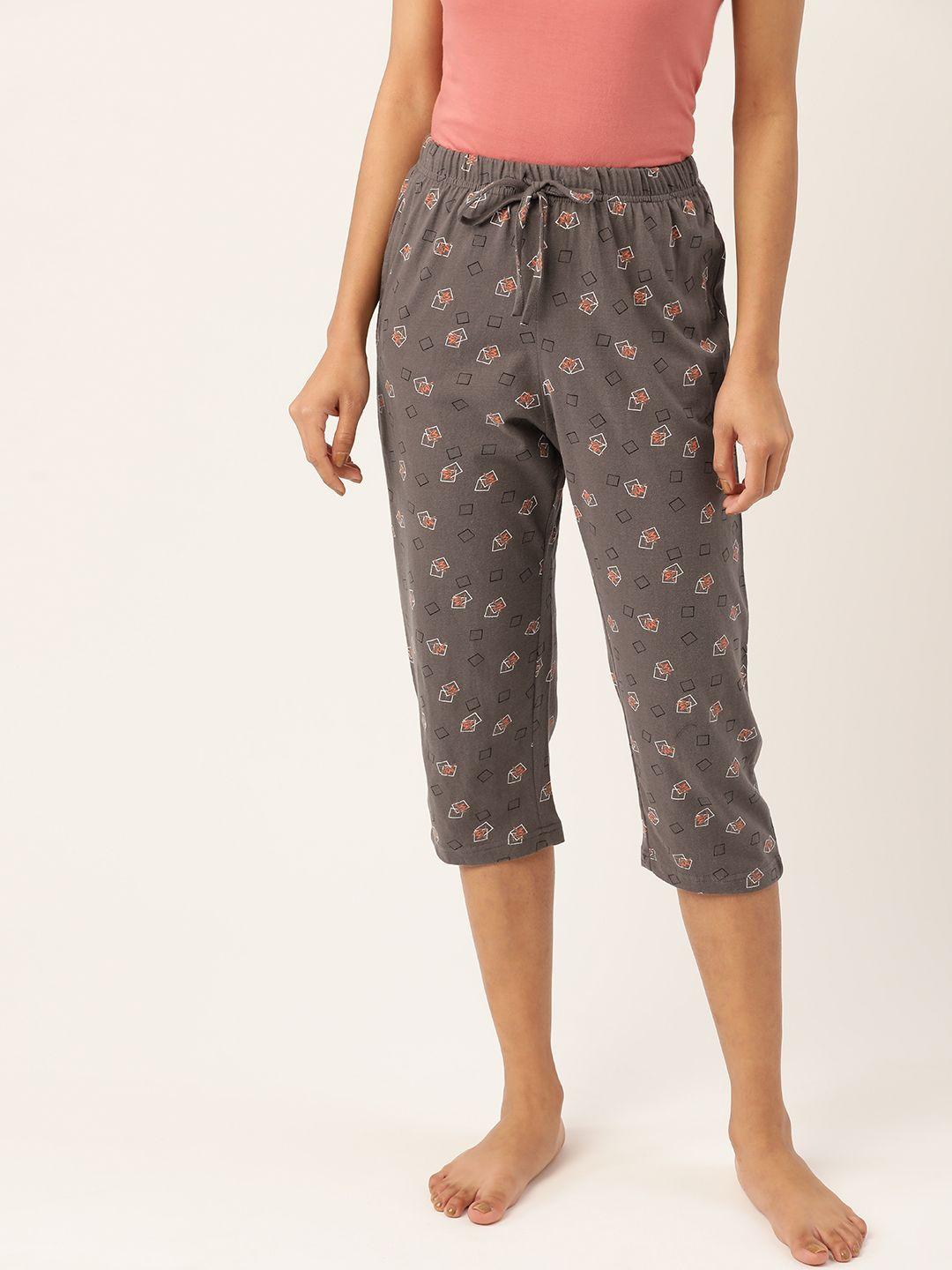 etc women taupe & white printed pure cotton lounge capris