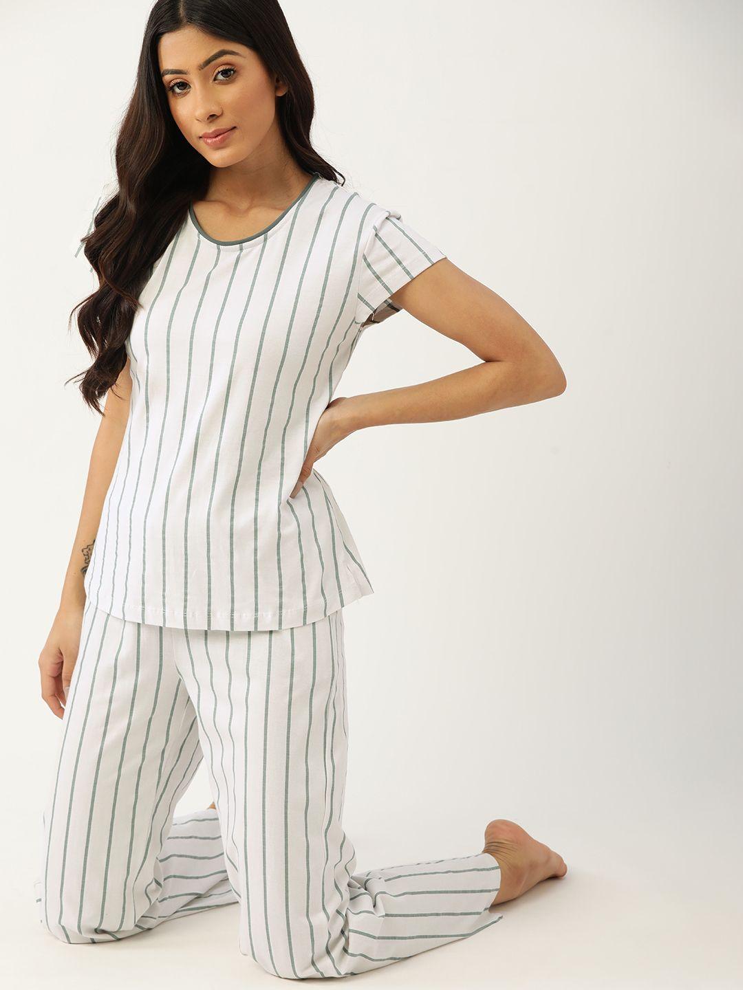 etc women white & grey pure cotton striped night suit