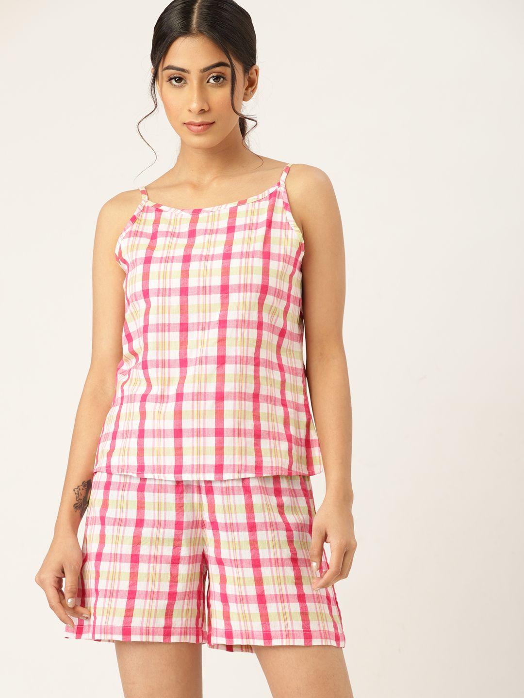 etc women white & pink checked cotton night suit