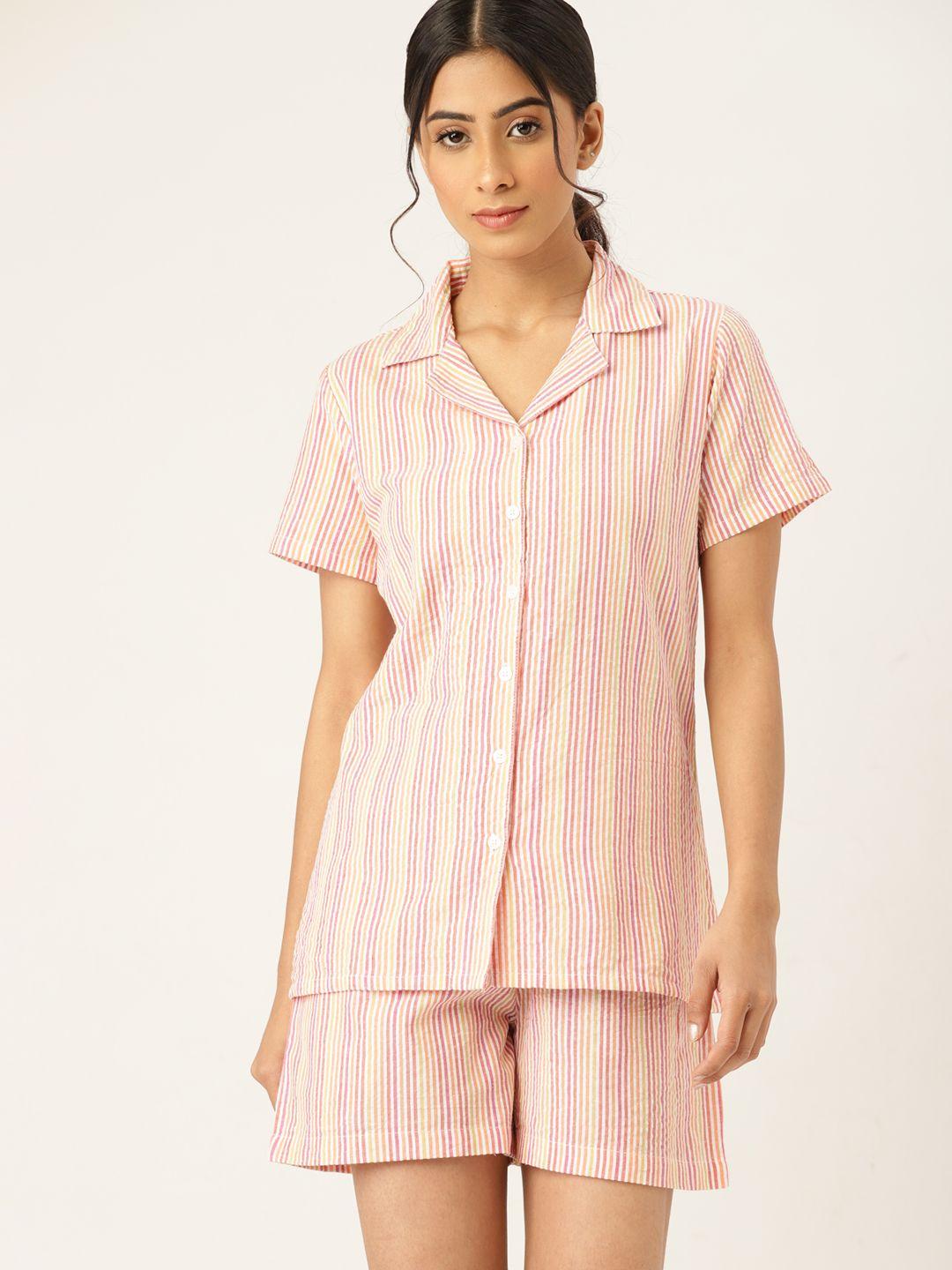 etc women white & pink striped cotton night suit