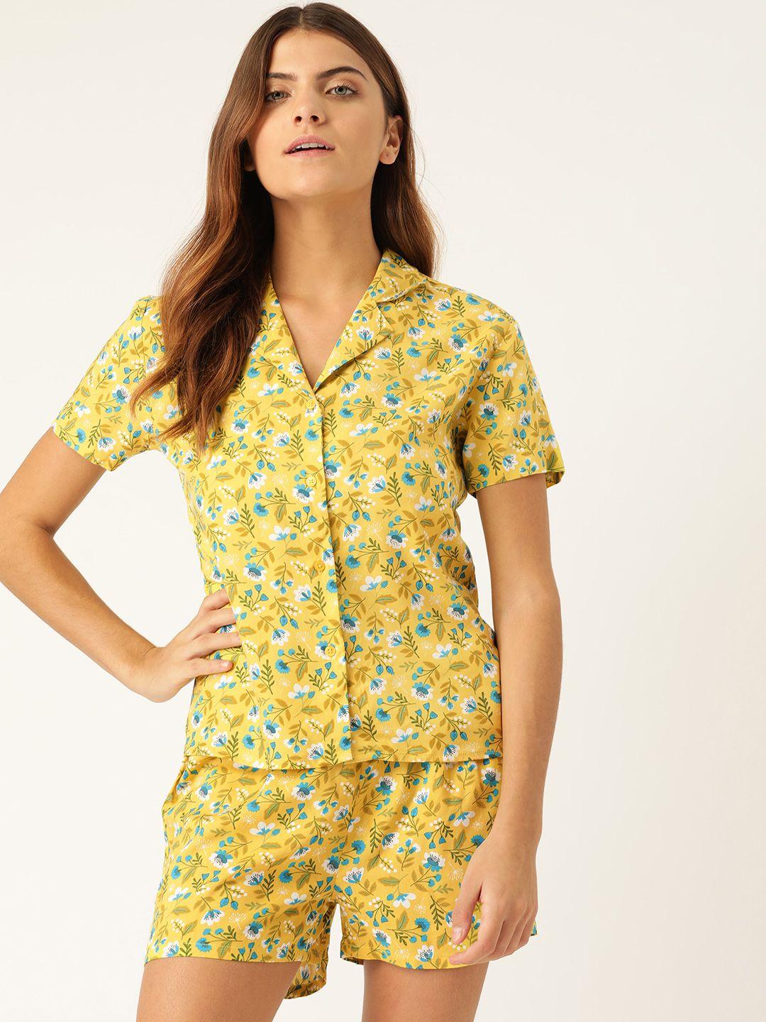 etc women yellow & blue floral print night suit