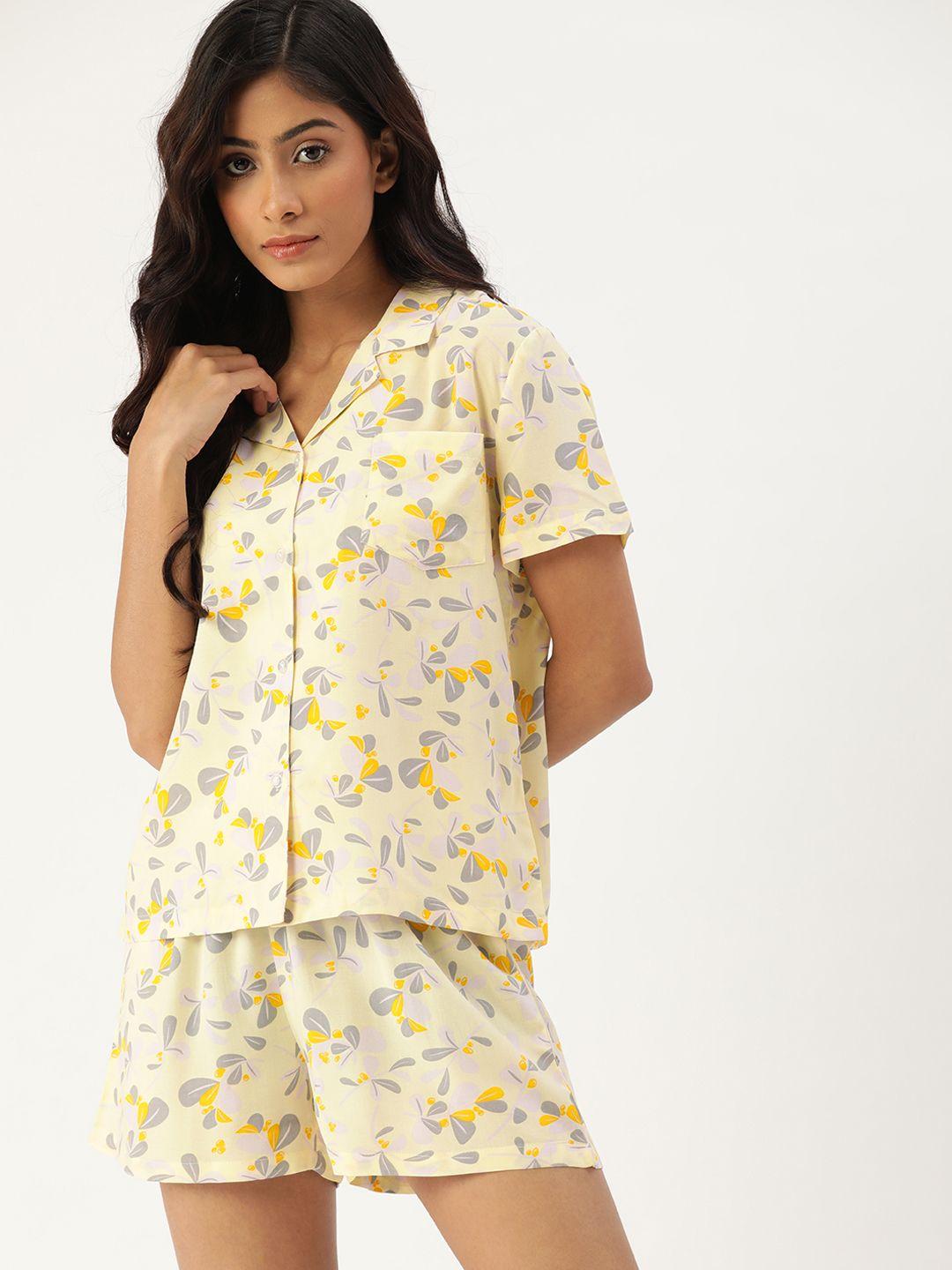 etc women yellow & grey floral print shorts set