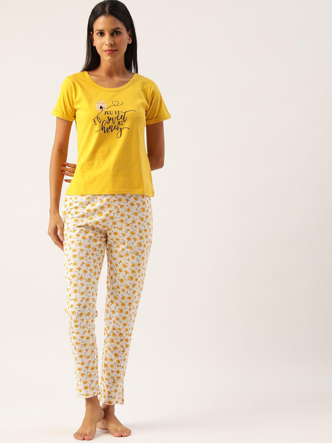 etc women yellow & white printed pure cotton night suit