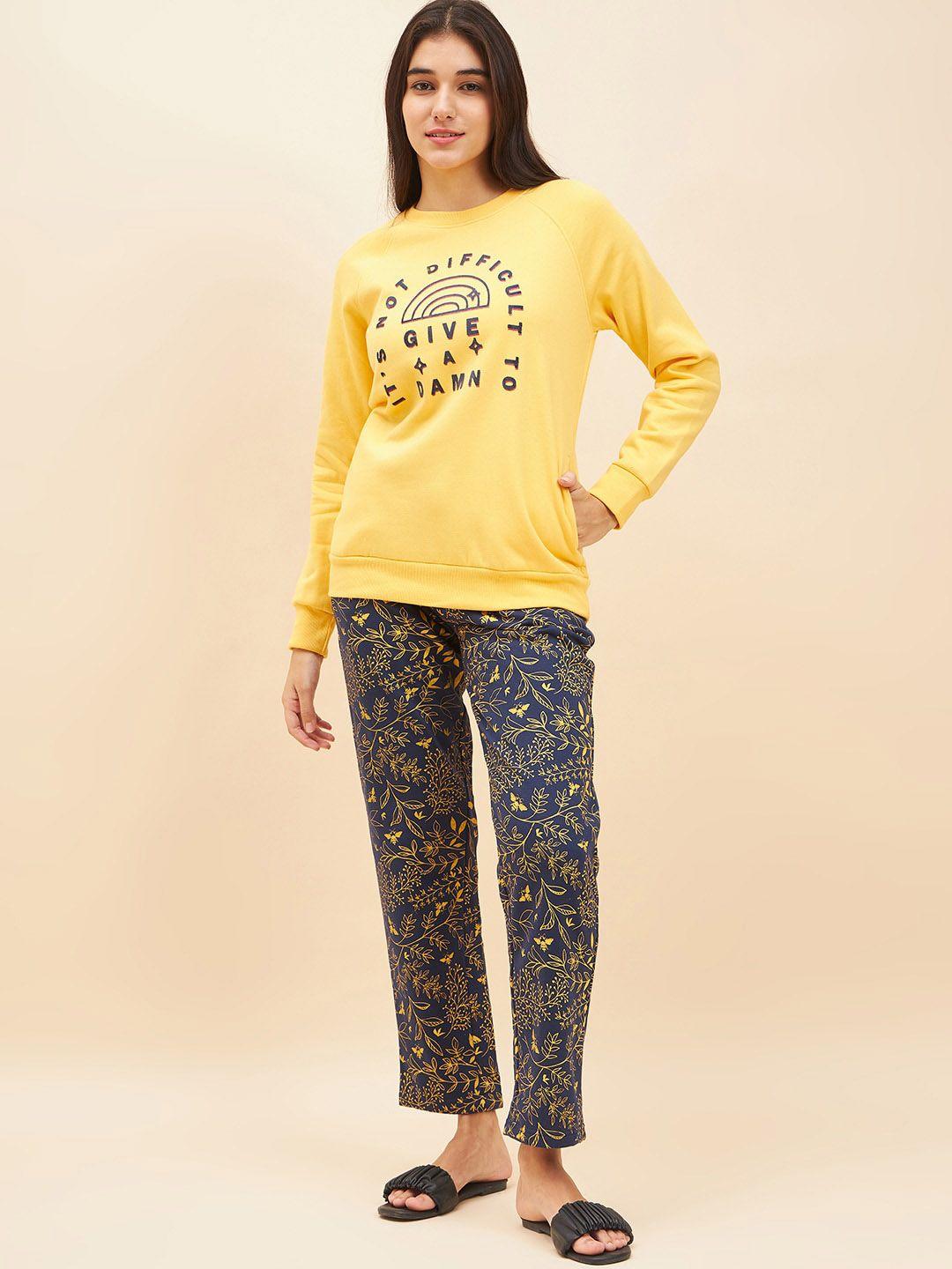 etc yellow printed round neck fleece night suit