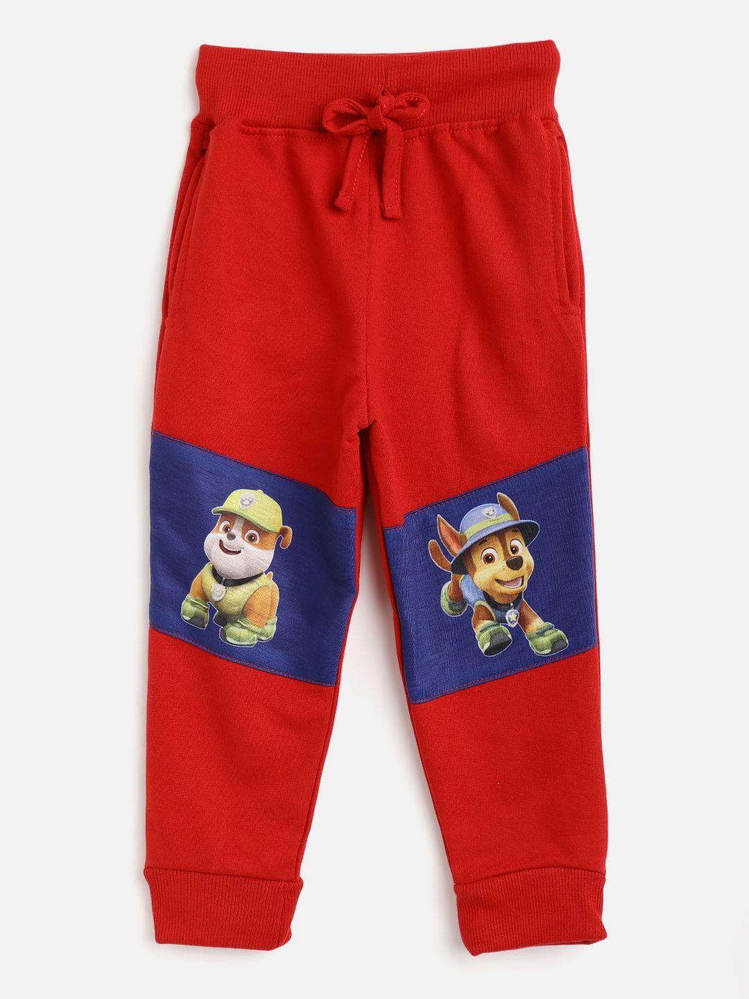 eteenz boys maroon & navy blue paw patrol printed pure cotton joggers