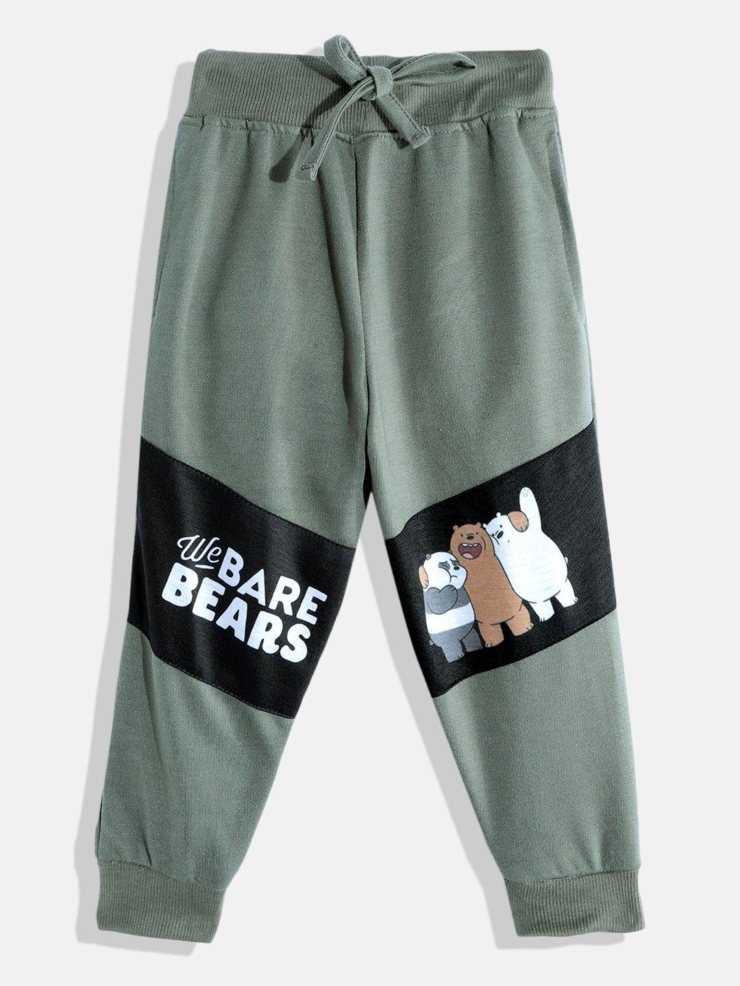 eteenz boys olive green & black colourblocked and printed joggers
