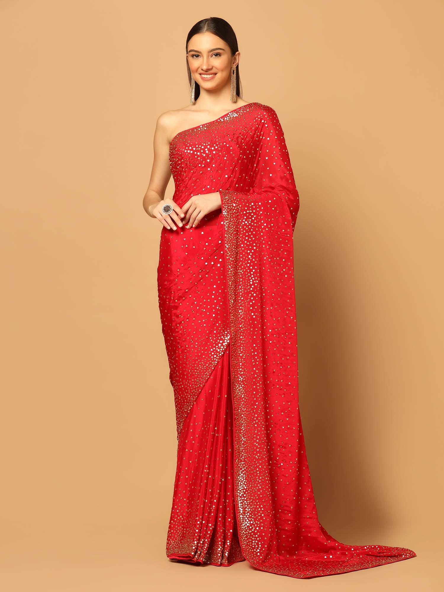 eternal red hand embroidered saree with unstitched blouse