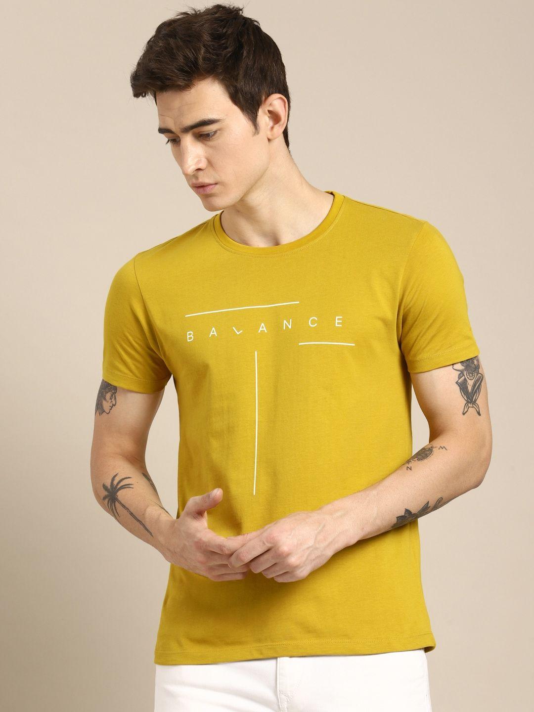 ether men mustard yellow printed round neck t-shirt