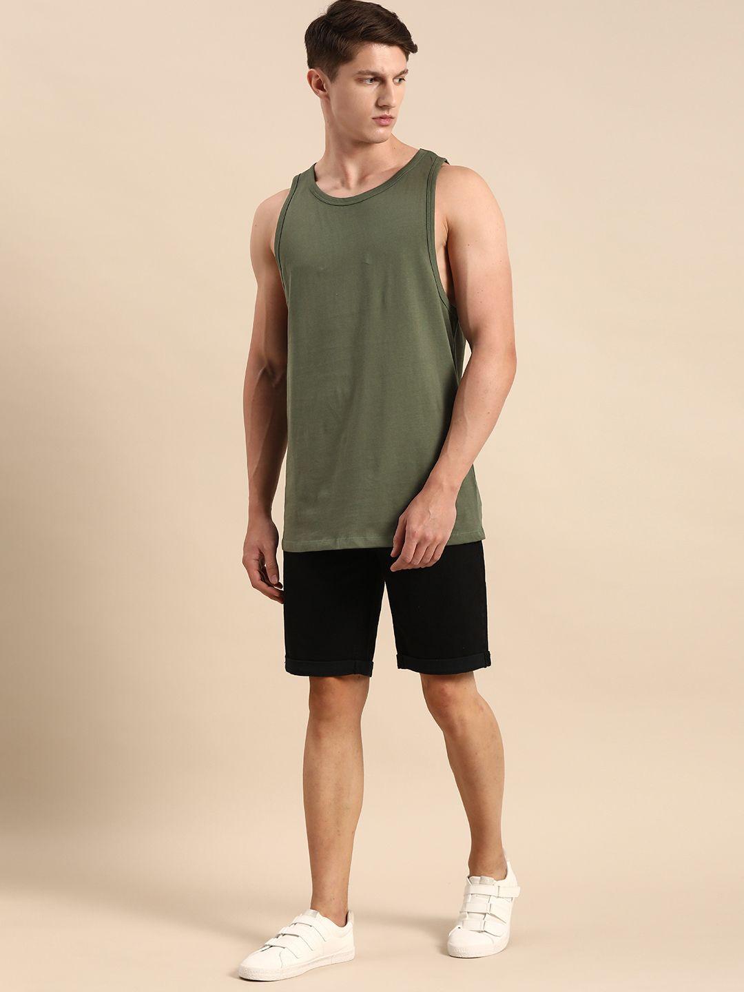 ether men olive green solid round neck sleeveless pure cotton t-shirt
