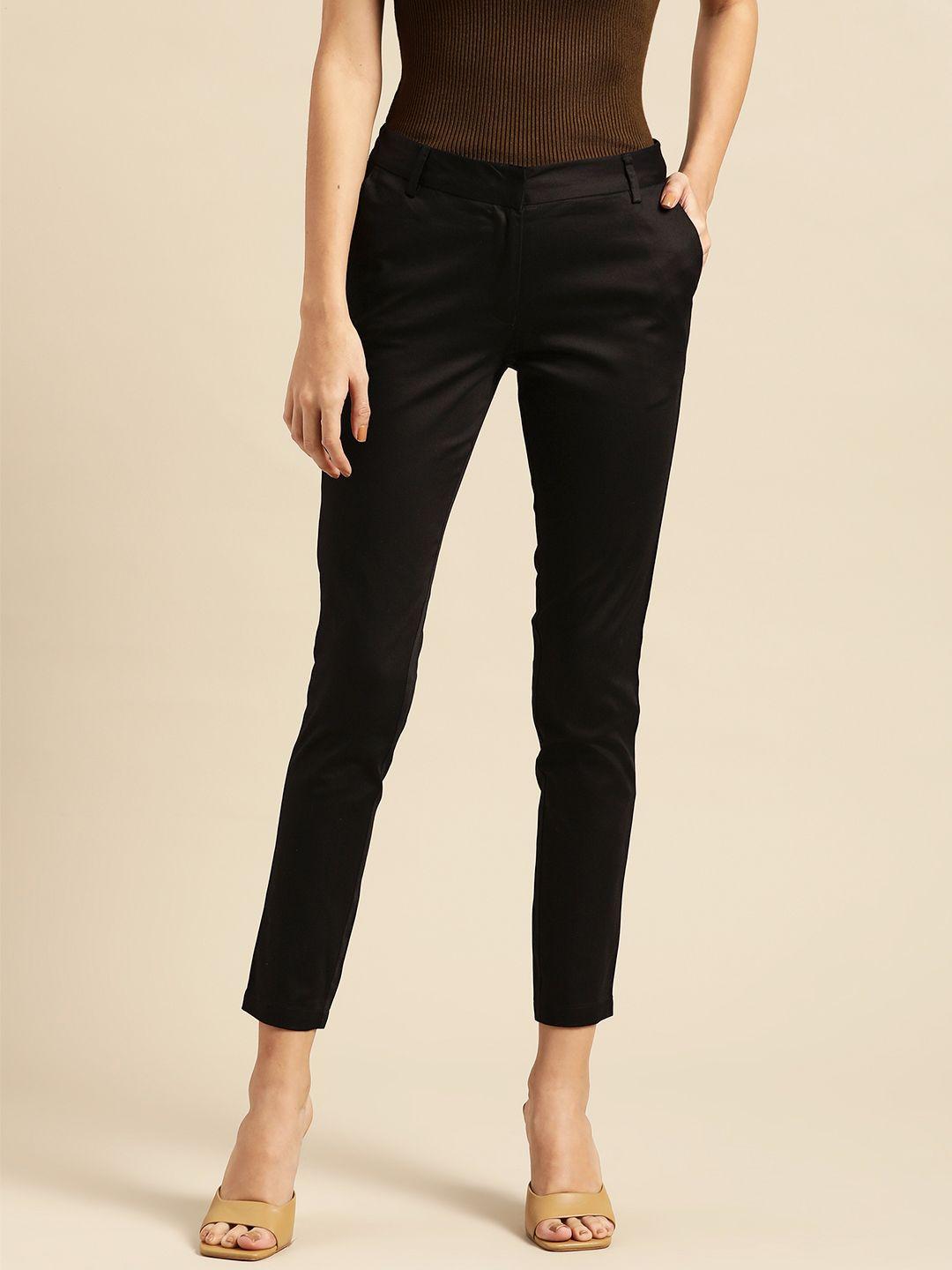 ether women black skinny fit solid cropped formal trousers