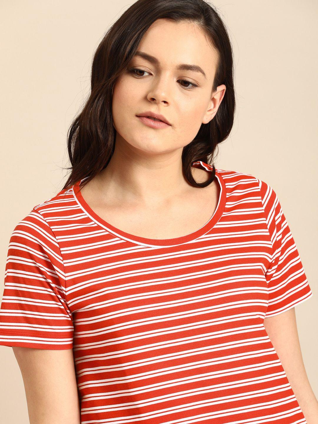 ether women coral orange & white striped round neck t-shirt