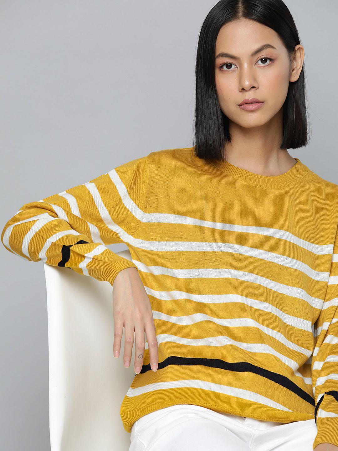 ether women mustard yellow & white striped knitted acrylic pullover