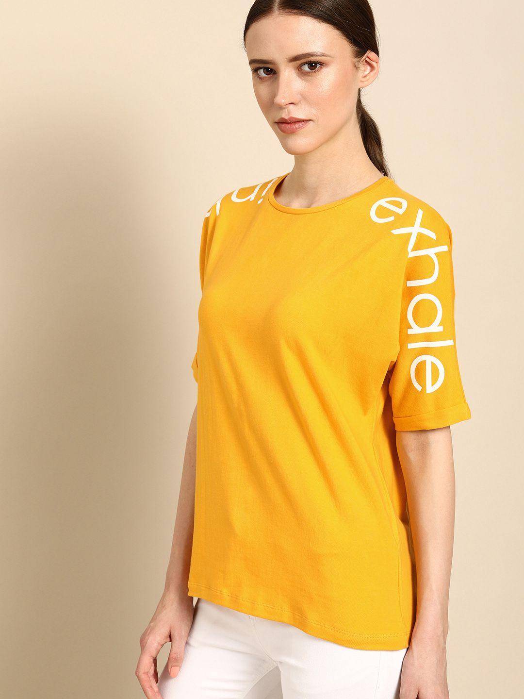 ether women mustard yellow printed round neck t-shirt
