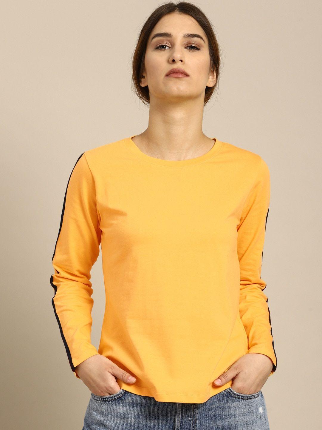 ether women mustard yellow solid round neck t-shirt with striped sleeves