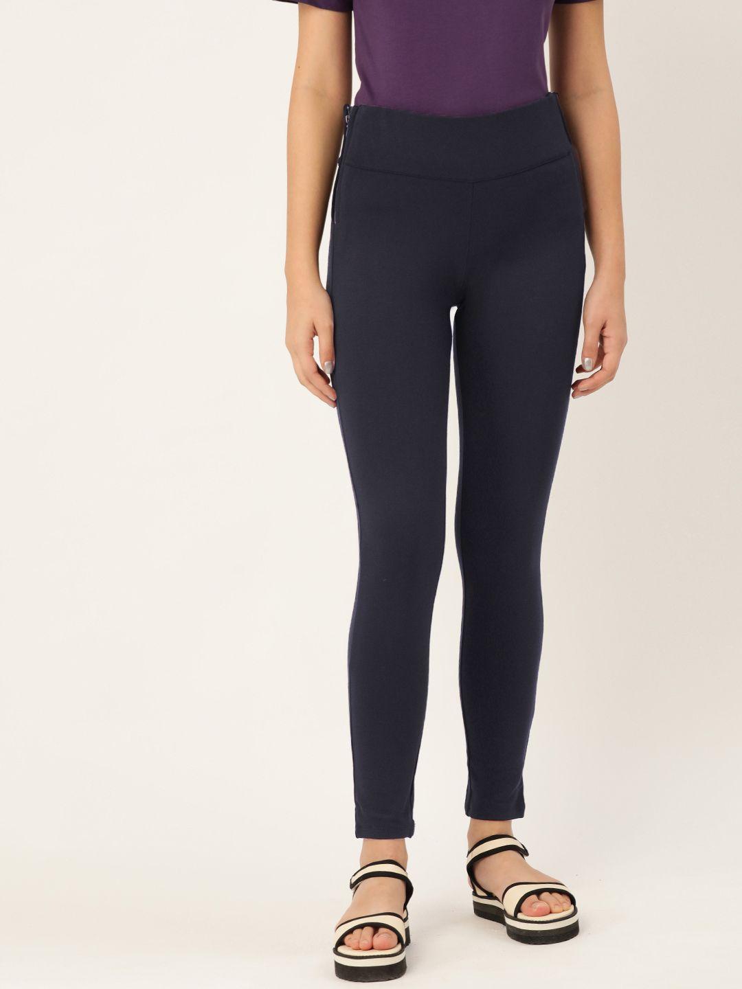 ether women navy blue solid treggings