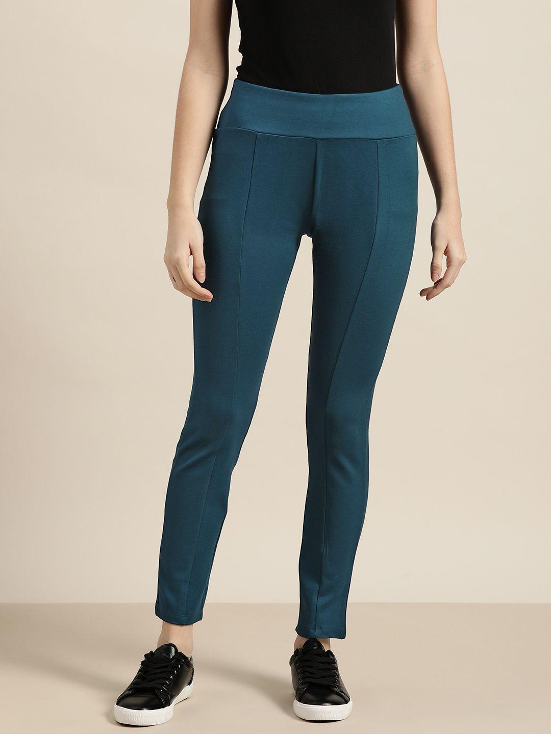 ether women teal blue solid treggings