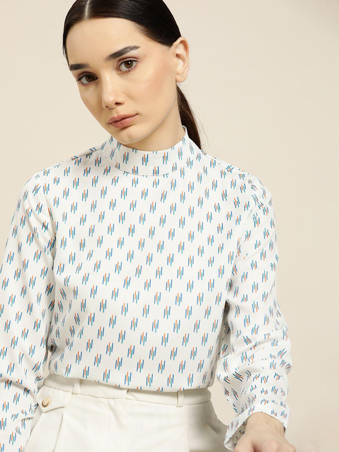 ether women white & blue geometric printed top