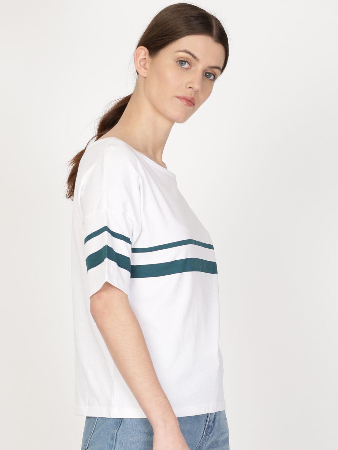 ether women white & blue striped dropped shoulder round neck t-shirt