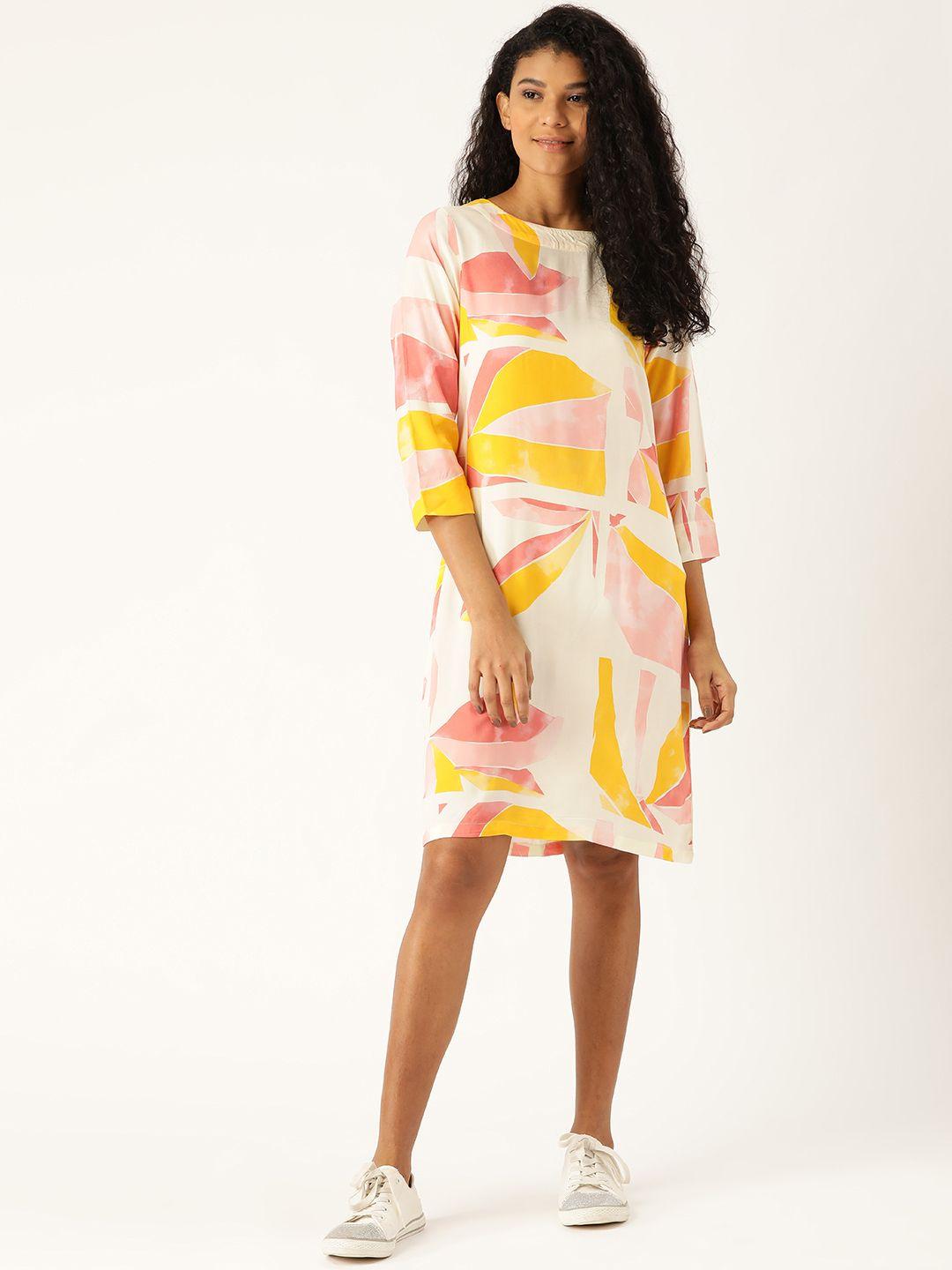 ether women yellow & off-white printed shift dress