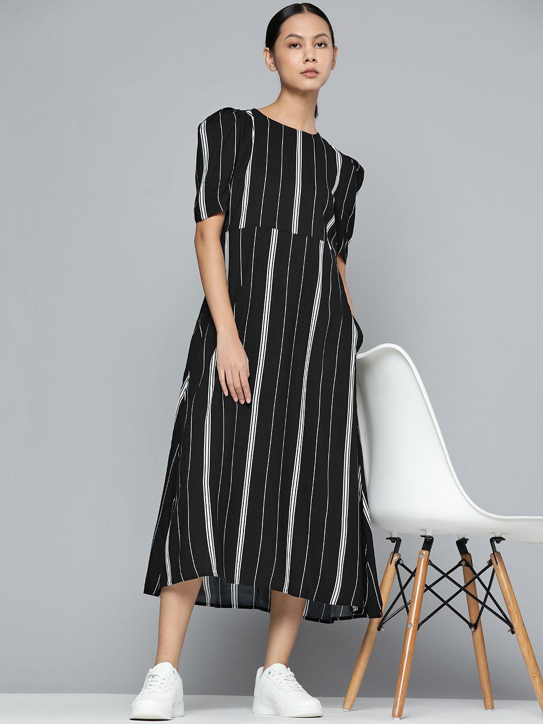 ether black & white striped a-line midi dress