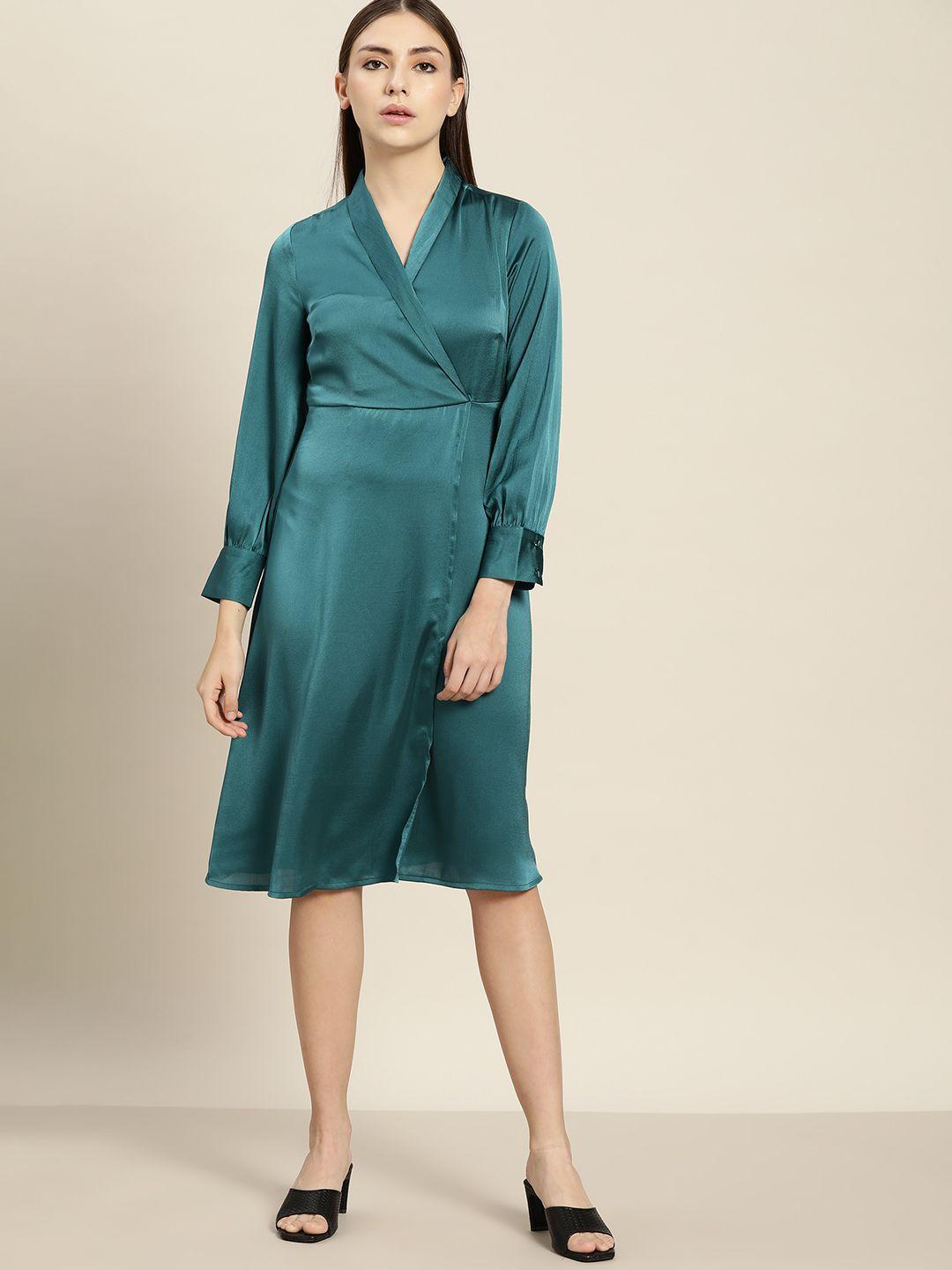 ether green wrap midi dress