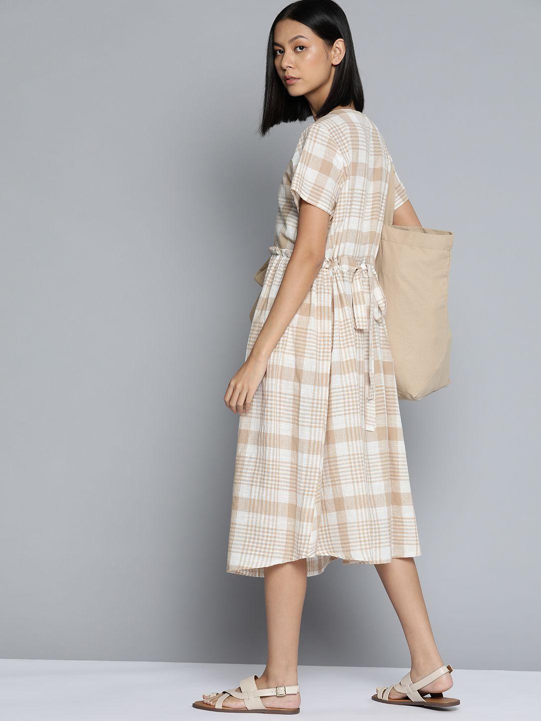 ether kora collection brown & white cotton sustainable unbleached fabric checked dress