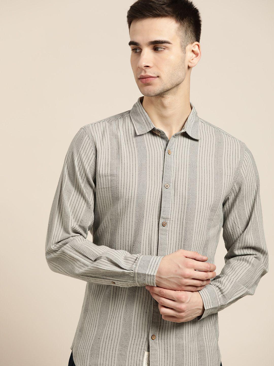 ether kora collection men grey & black striped casual handloom shirt