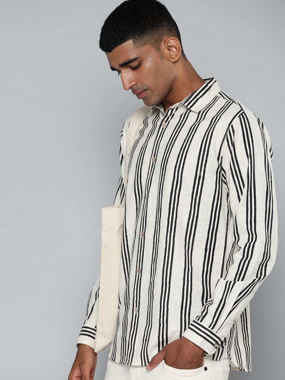 ether kora collection men off white & black sustainable cotton block print casual shirt