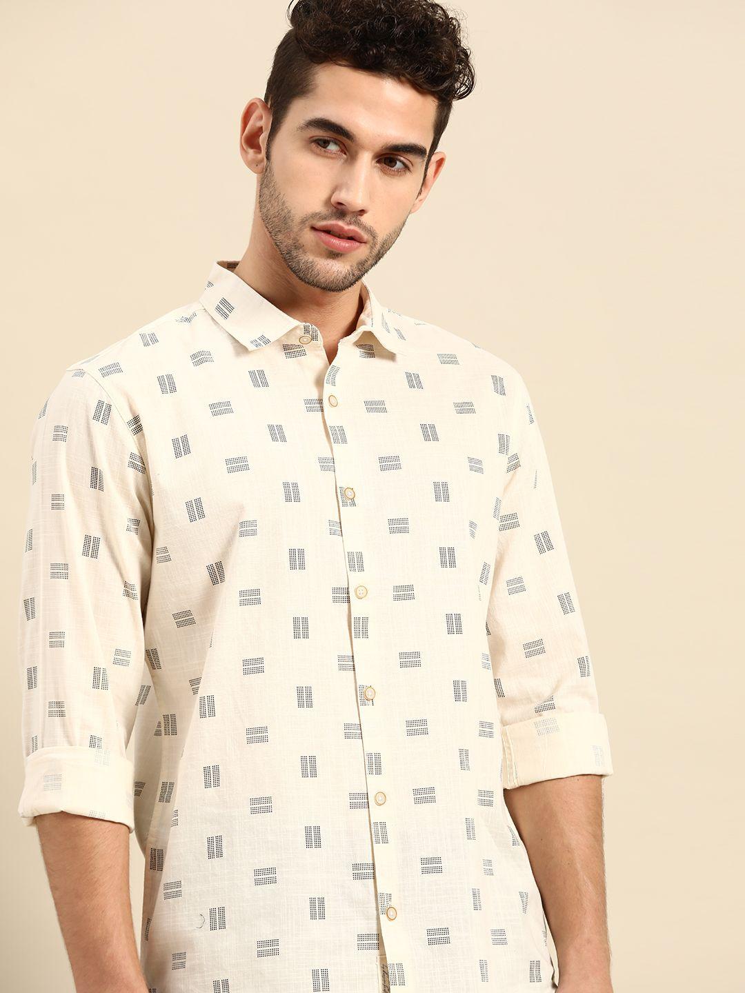 ether kora collection men off-white printed cotton sustainable unbleached casual shirt