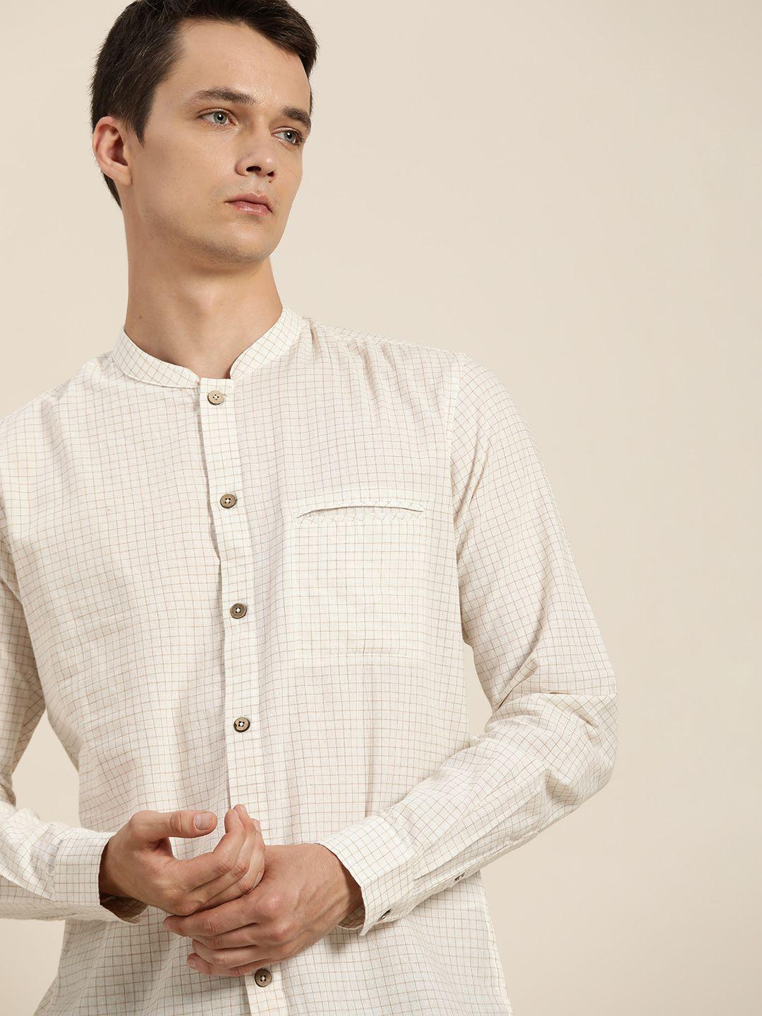 ether kora collection men off white unbleached fabric cotton checked sustainable shirt