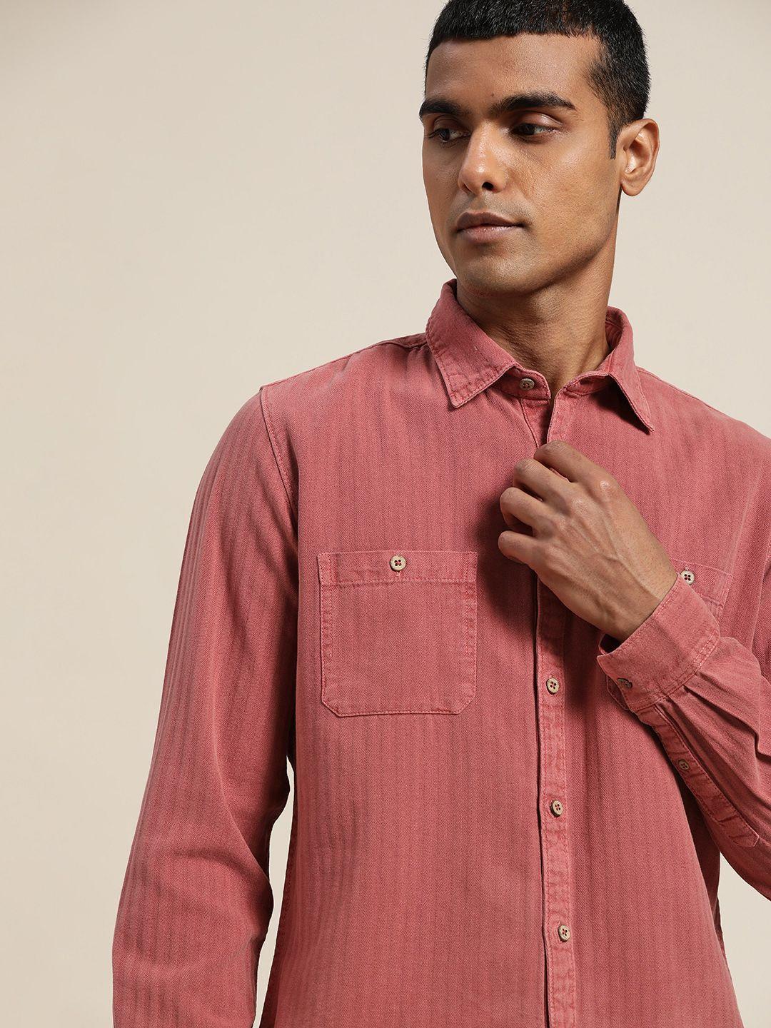 ether kora collection men rust red sustainable unbleached fabric pure cotton casual shirt