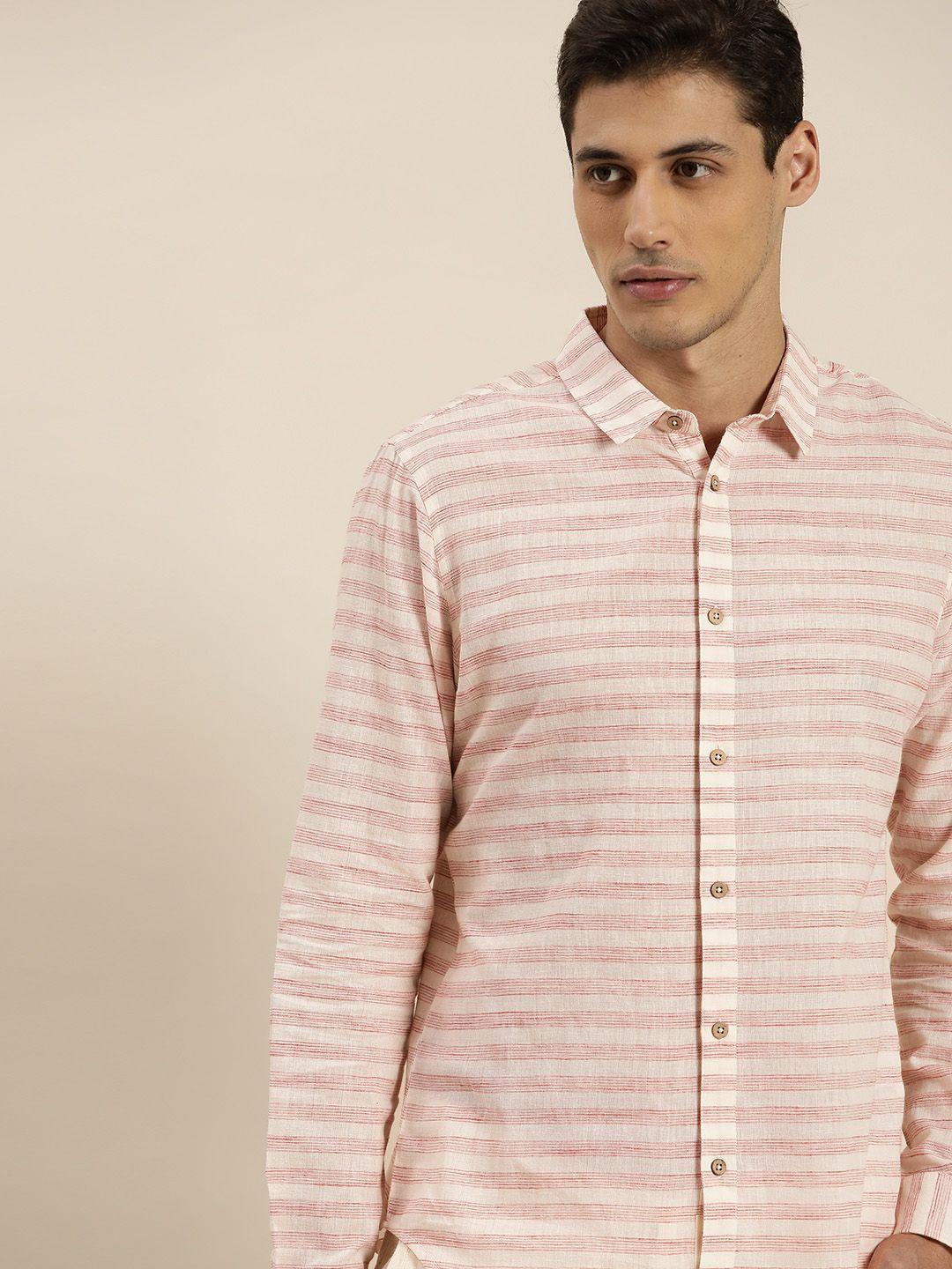 ether kora collection men white & red cotton sustainable unbleached fabric striped shirt