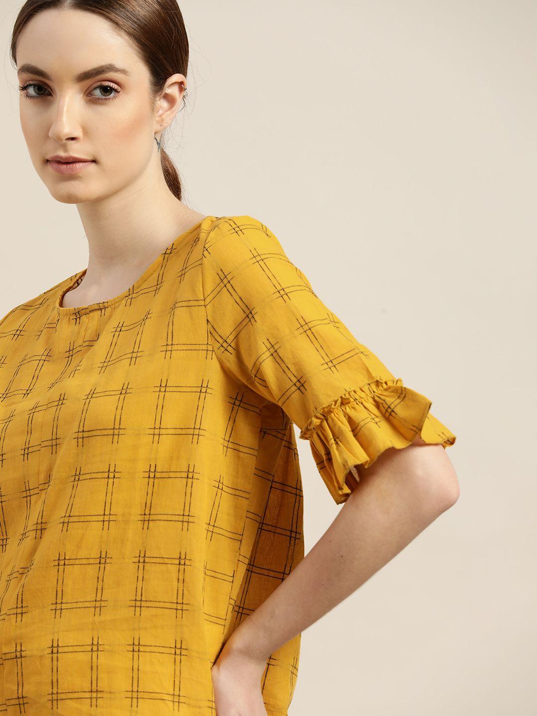 ether kora collection mustard yellow & black pure cotton checked handloom sustainable top