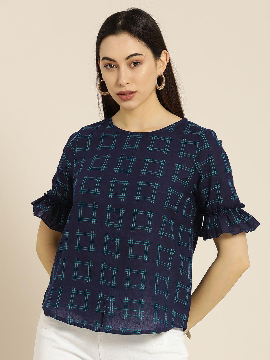 ether kora collection navy blue checked pure cotton handloom sustainable top