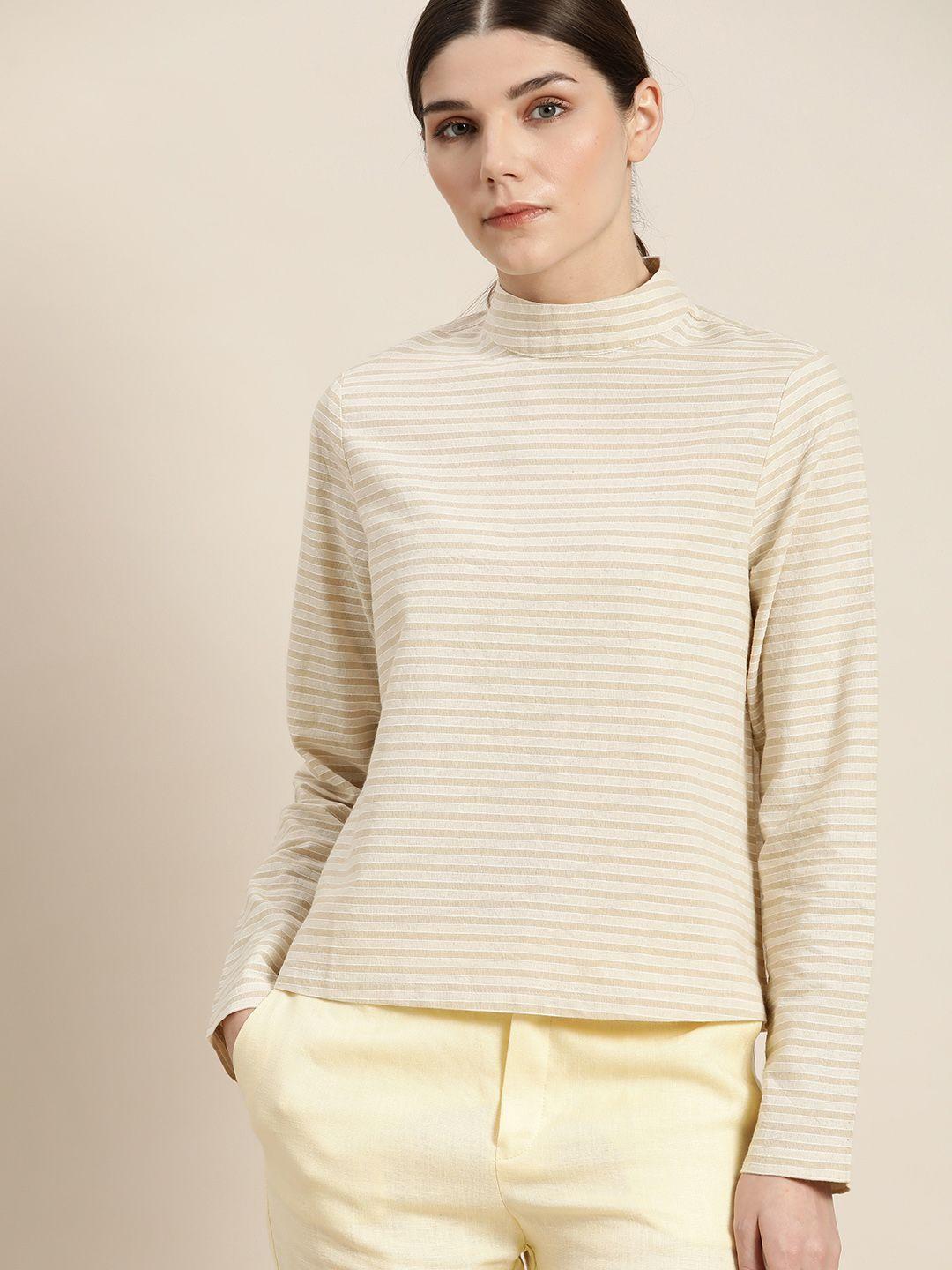 ether kora collection off white & beige striped sustainable unbleached fabric top