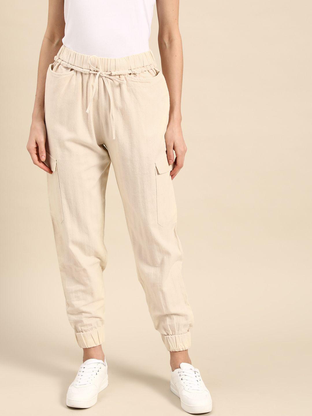 ether kora collection women beige sustainable unbleached fabric solid cargo trousers