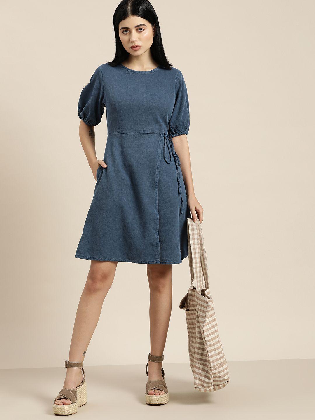 ether kora collection women navy blue puff sleeves indigo dye pure cotton a-line dress