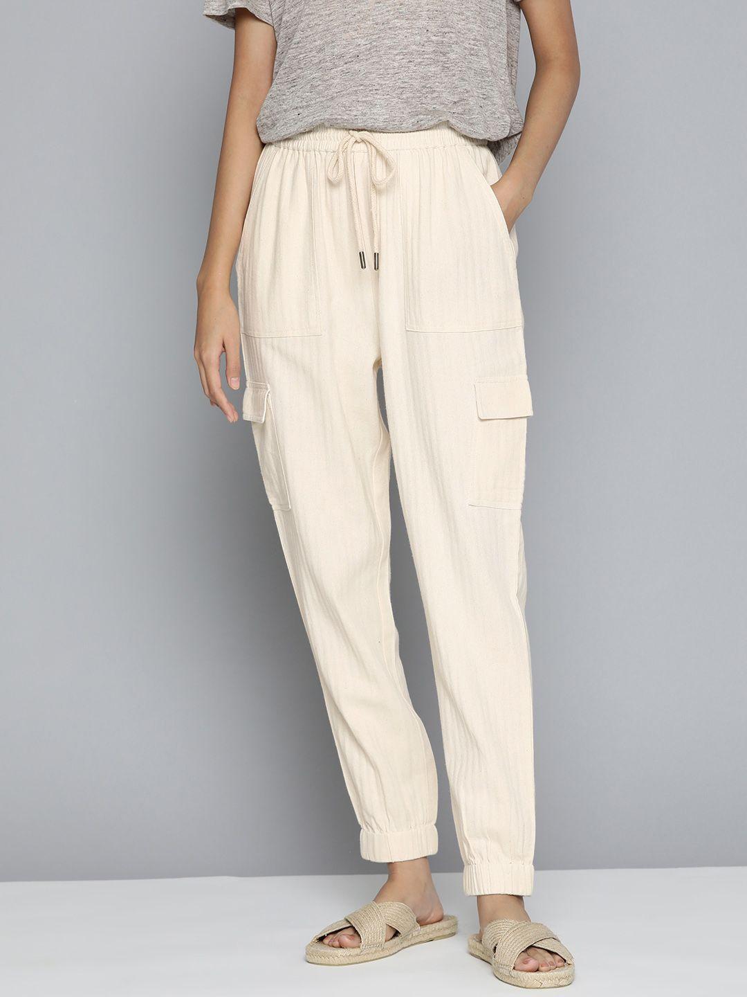 ether kora collection women off white solid pure cotton sustainable cargo trousers