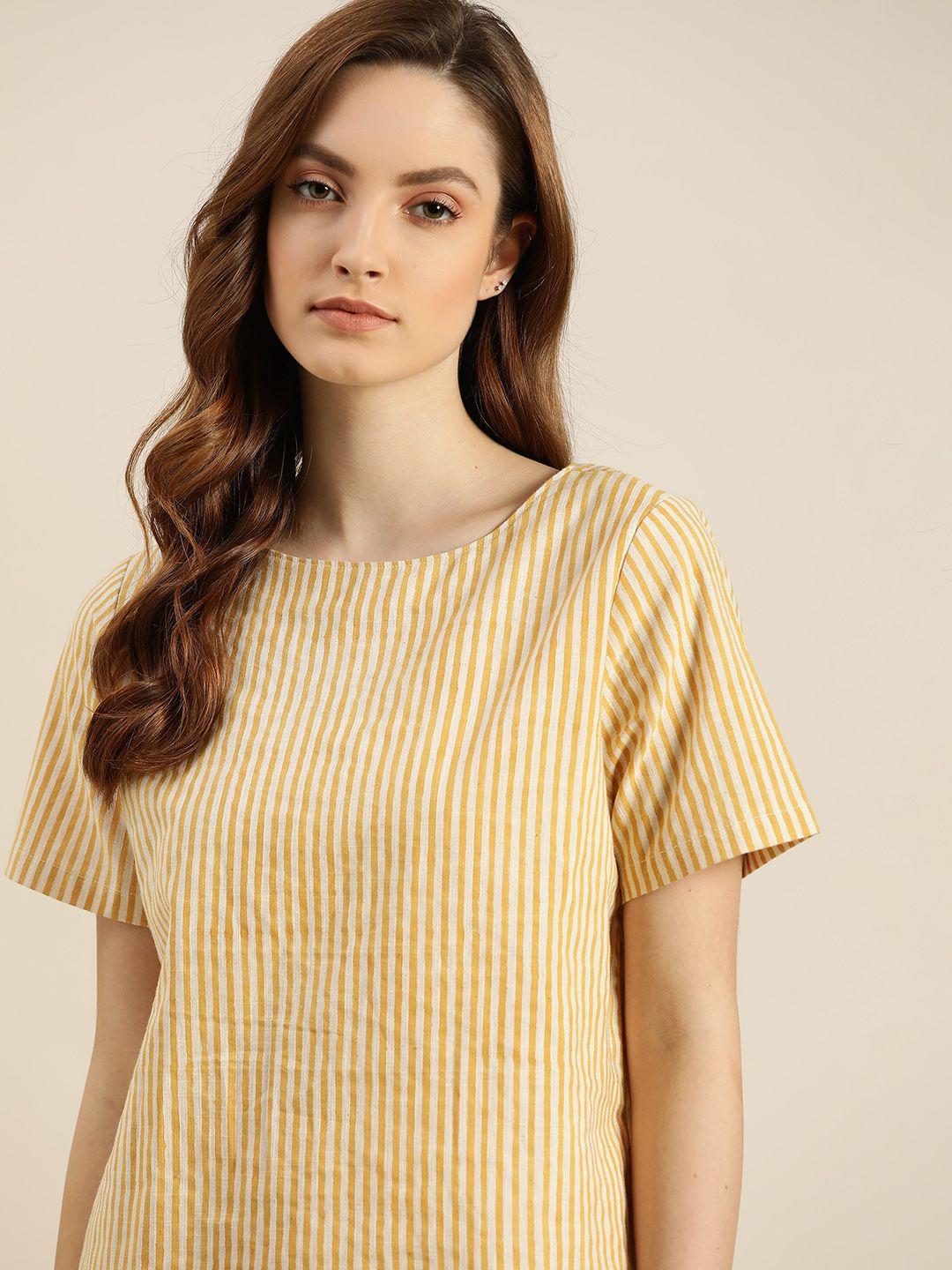 ether kora collection yellow & off white pure cotton handblock printed sustainable top