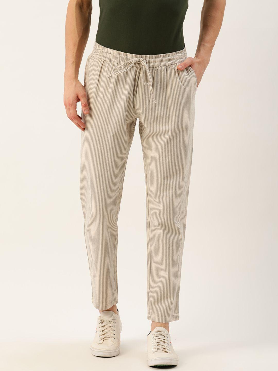 ether men beige & grey regular fit striped sustainable unbleached fabric regular trousers