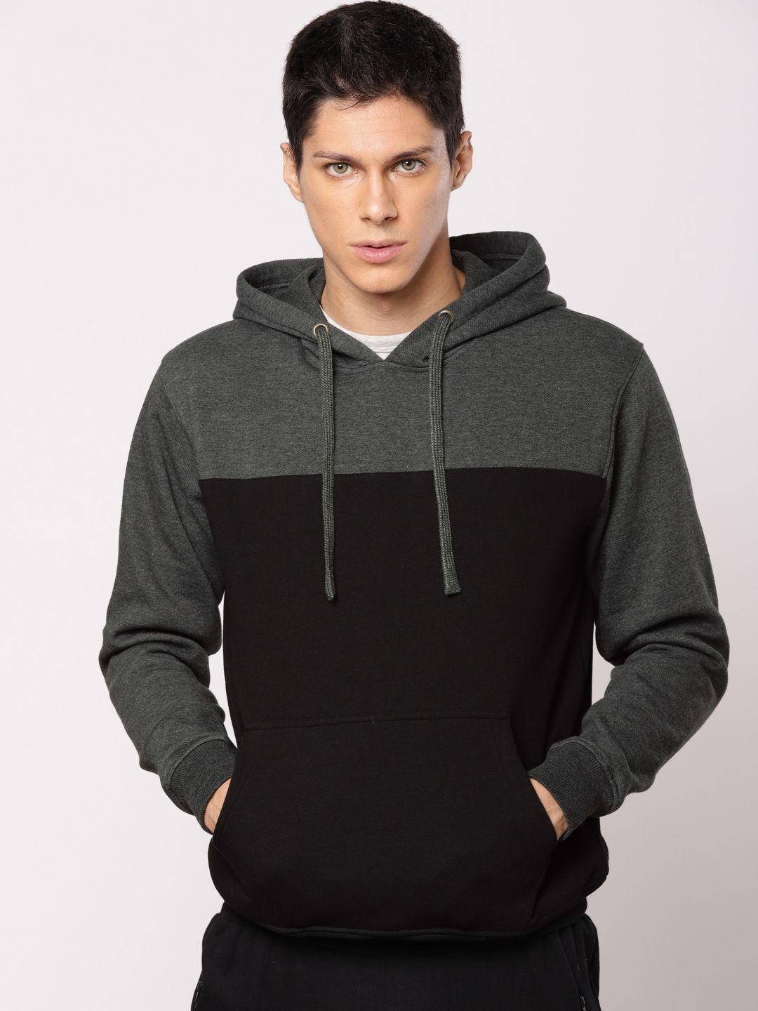 ether men black & charcoal grey colourblocked hooded sweatshirt