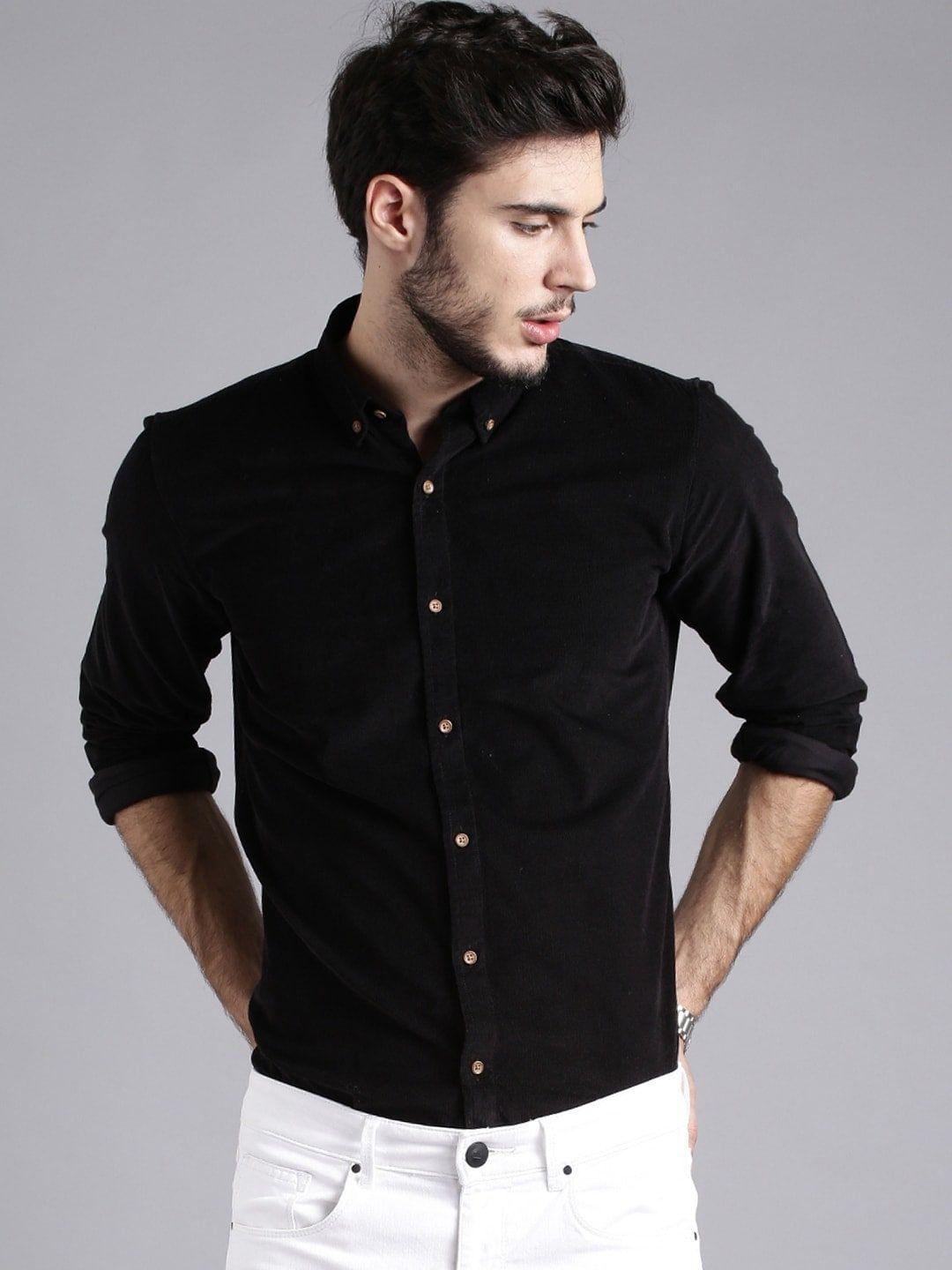 ether men black pure cotton casual shirt