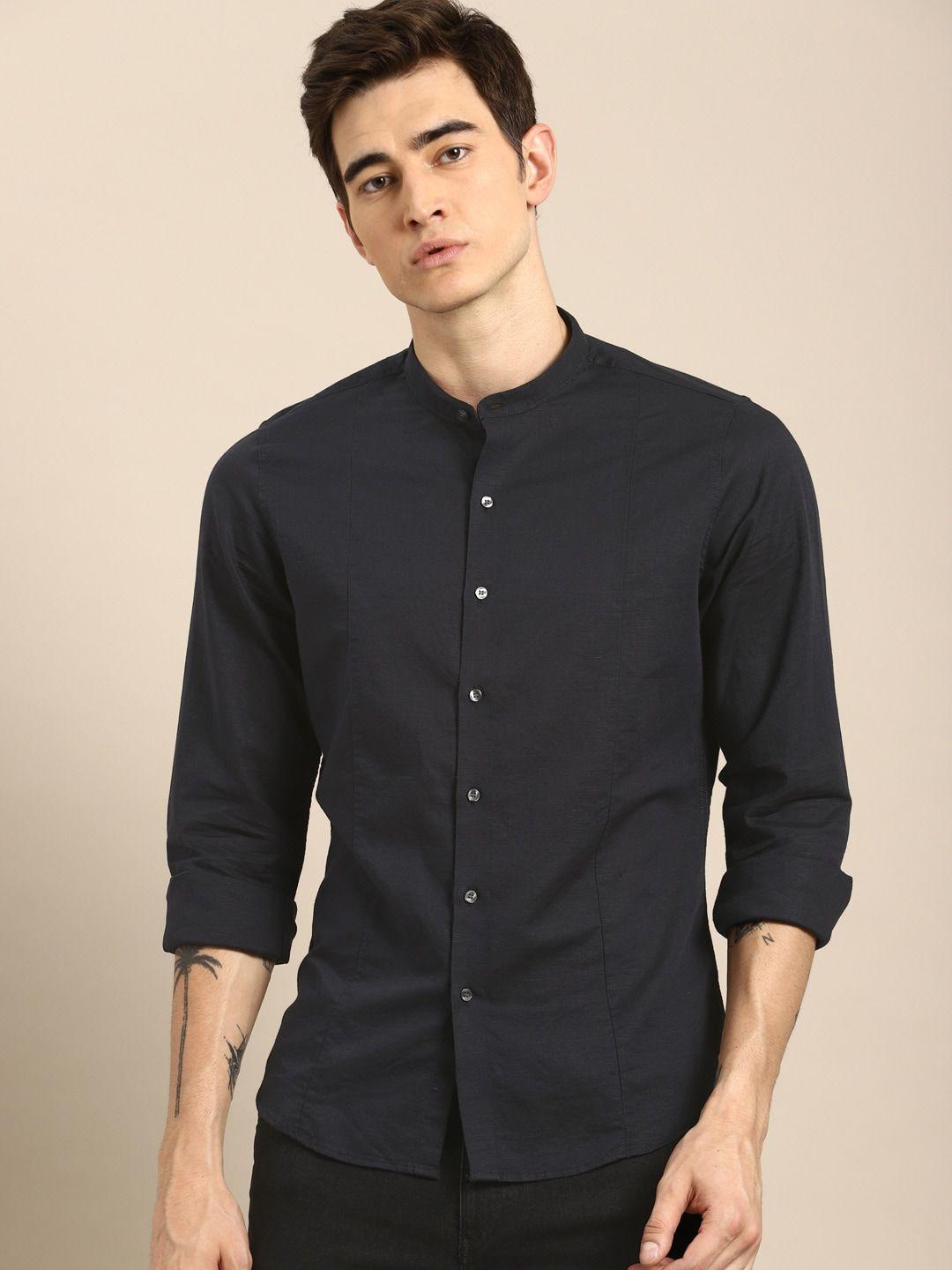 ether men black regular fit anti microbial cotton linen shirt