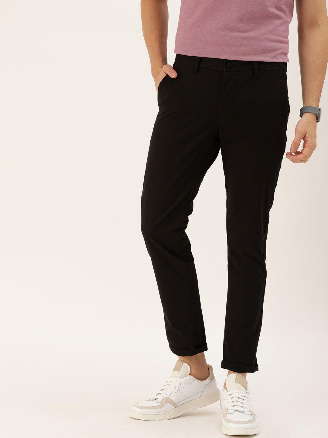 ether men black regular fit solid regular trousers