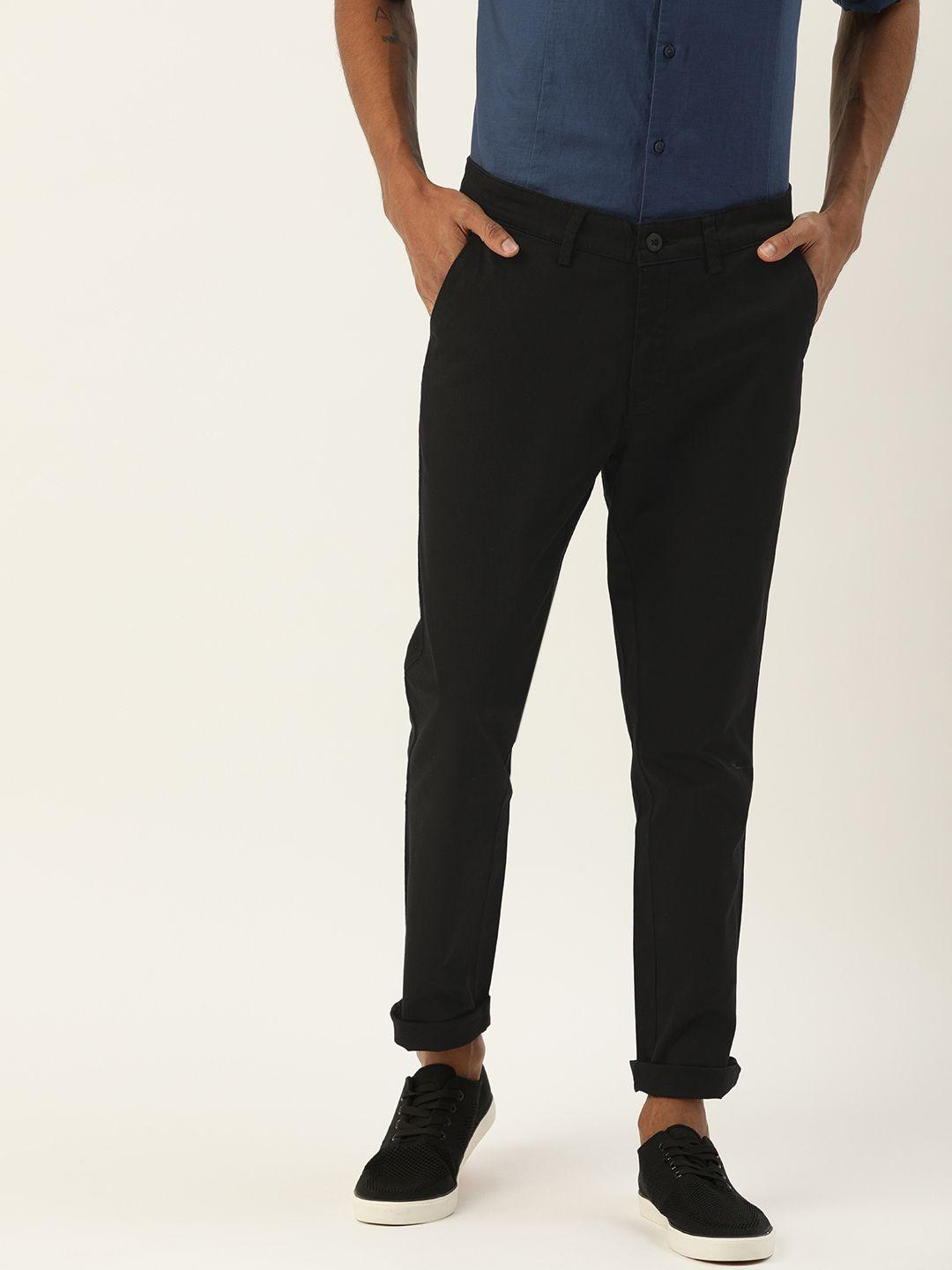 ether men black slim fit solid regular trousers