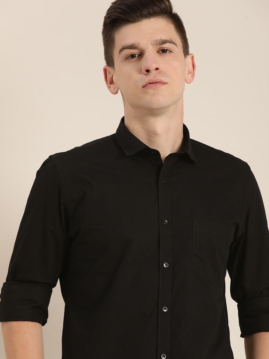 ether men black solid pure cotton casual shirt