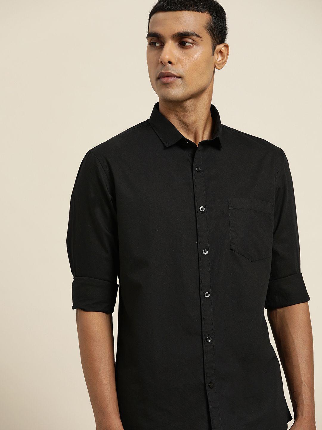 ether men black solid pure cotton casual shirt